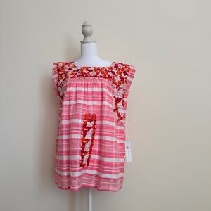 J.Marie NWT size large Pink Striped Embroidered Square-Neck Tunic